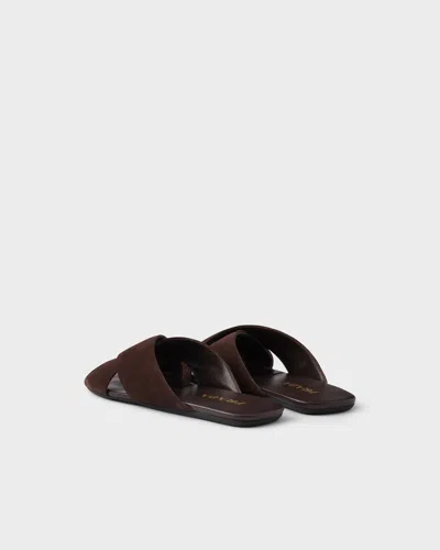 Prada Suede Open Toe Flat Sole Slides In Brown