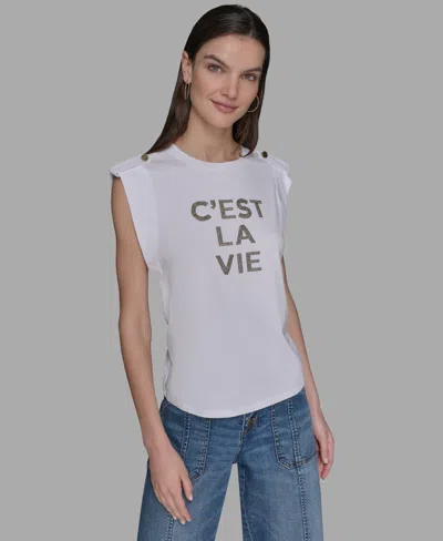 Karl Lagerfeld Petite C'est La Vie Studded Top In White
