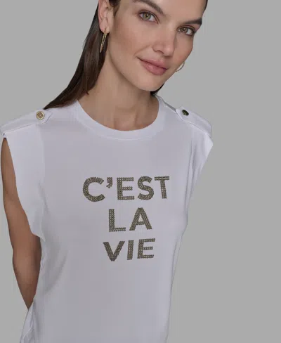 Karl Lagerfeld Petite C'est La Vie Studded Top In White