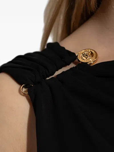 Versace One Shoulder Draped Dress Ruffle Detail In Black