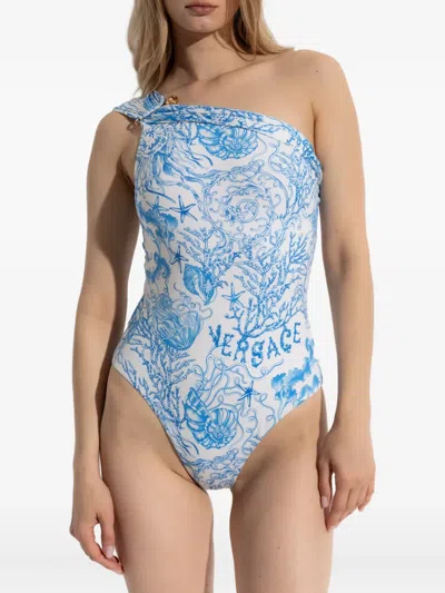 Versace One-shoulder Swimsuit In Blue