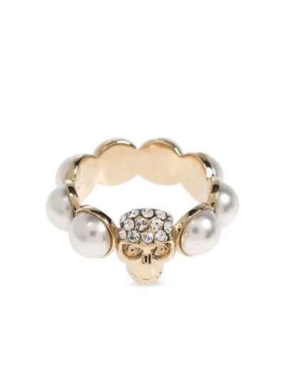 Alexander Mcqueen Crystal And Pearl Skull Rings In Gold