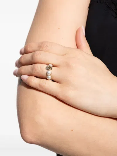 Alexander Mcqueen Crystal And Pearl Skull Rings In Gold