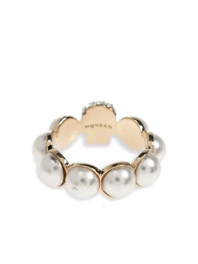 Alexander Mcqueen Crystal And Pearl Skull Rings In Gold