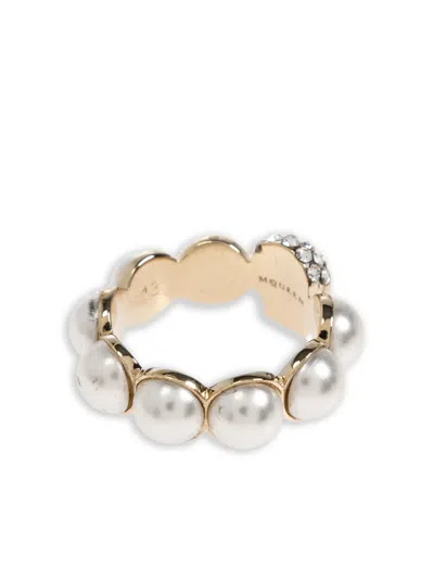 Alexander Mcqueen Crystal And Pearl Skull Rings In Gold