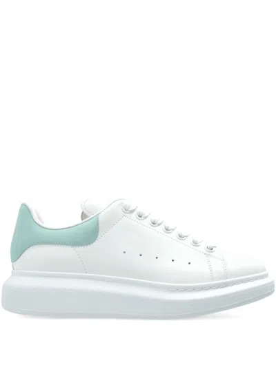 Alexander Mcqueen White Leather Sneakers With Sea Green Leather Heel In Animal Print