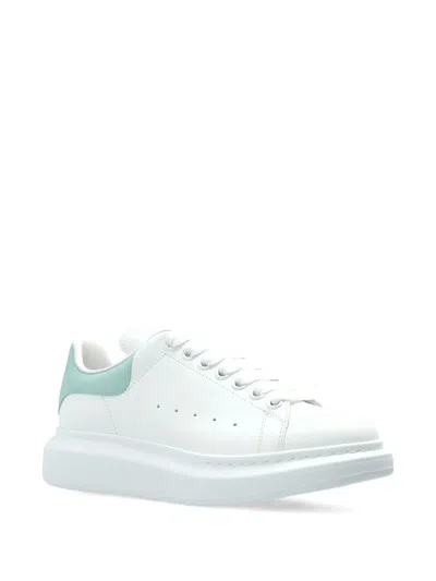 Alexander Mcqueen White Leather Sneakers With Sea Green Leather Heel In Animal Print