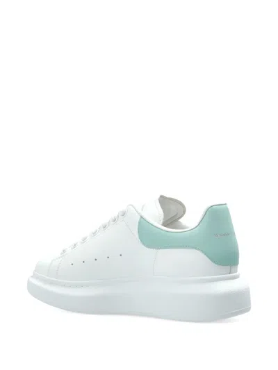 Alexander Mcqueen White Leather Sneakers With Sea Green Leather Heel In Animal Print