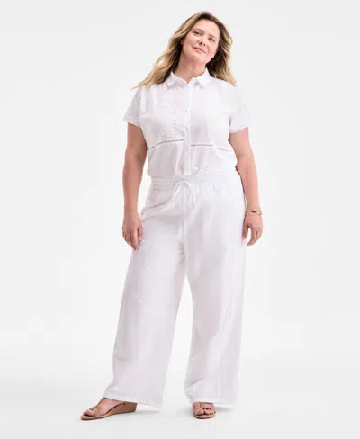 Style & Co Women's Cotton Eyelet Pull-on Wide-leg Pants, Exclusively At Macy's In White