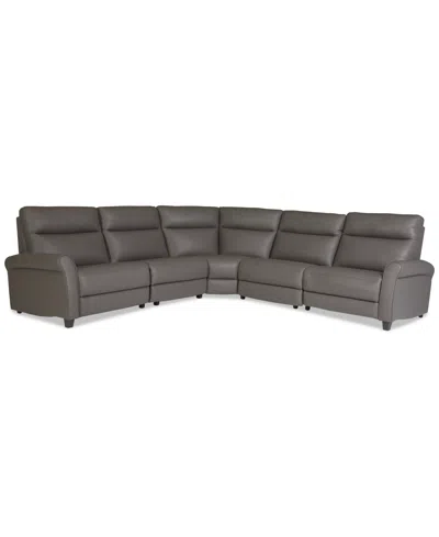 Macy's Thandler 5-pc. Leather L Sectional With 3 Power Recliners And Drop Down Table, Exclusively At  In Gray