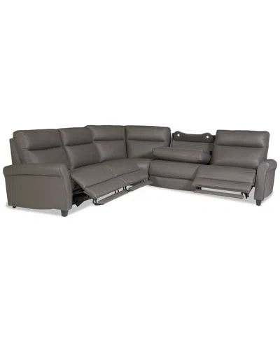 Macy's Thandler 5-pc. Leather L Sectional With 3 Power Recliners And Drop Down Table, Exclusively At  In Gray