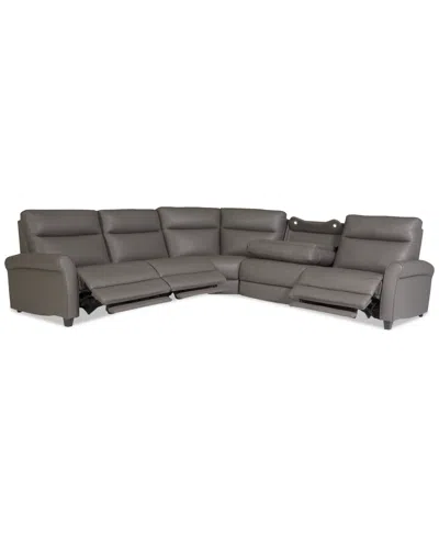 Macy's Thandler 5-pc. Leather L Sectional With 3 Power Recliners And Drop Down Table, Exclusively At  In Gray