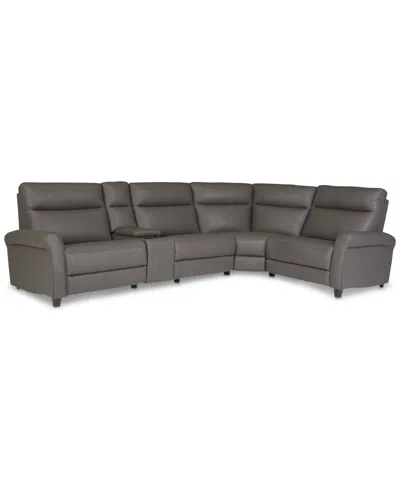 Macy's Thandler 5-pc. Leather L Shape Sectional With 3 Power Recliners And 1 Storage Console, Exclusively A In Gray
