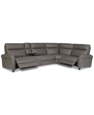 Macy's Thandler 5-pc. Leather L Shape Sectional With 3 Power Recliners And 1 Storage Console, Exclusively A In Gray