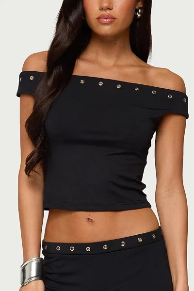 Edikted Neriah Grommet Trim Off The Shoulder Crop Top In Black