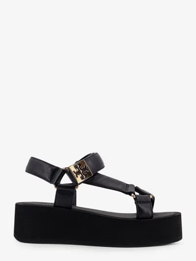 Tory Burch Round Toe Leather Platform Sandals With Ankle Strap In Black