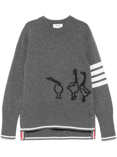 Thom Browne Geese Intarsia Boxy Virgin Wool Crewneck Sweater In Gray