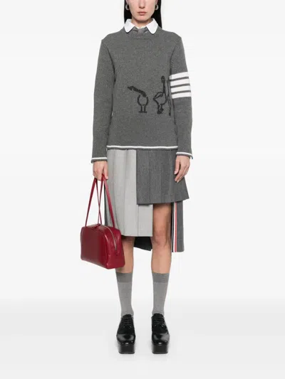 Thom Browne Geese Intarsia Boxy Virgin Wool Crewneck Sweater In Gray