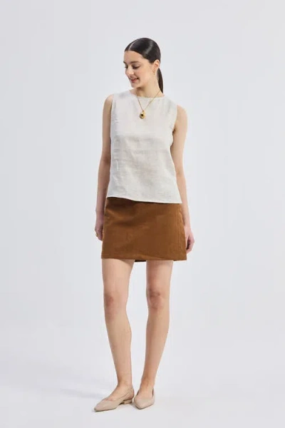 Reistor Boat Neck Top In Checkered Linen In Neutral