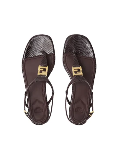 Fendi Ffoldo Python Leather Sandals With Adjustable Ankle Strap In Brown