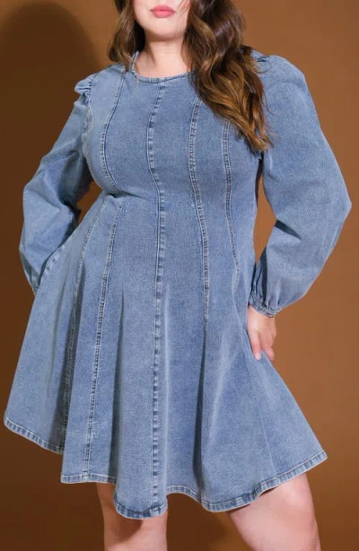Flying Tomato Washed Denim Long Sleeve Minidress In Blue