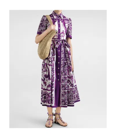Dolce & Gabbana Dolce&gabbana Poplin Shirt Dress With Maiolica Print In Purple