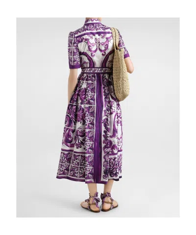Dolce & Gabbana Dolce&gabbana Poplin Shirt Dress With Maiolica Print In Purple