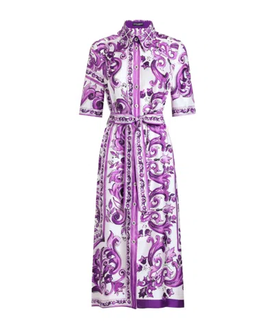 Dolce & Gabbana Dolce&gabbana Poplin Shirt Dress With Maiolica Print In Purple