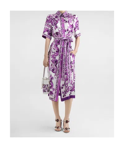 Dolce & Gabbana Dolce&gabbana Poplin Shirt Dress With Maiolica Print In Purple