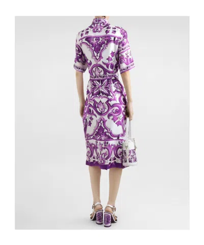 Dolce & Gabbana Dolce&gabbana Poplin Shirt Dress With Maiolica Print In Purple