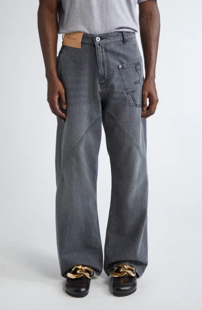 Jw Anderson J. W. Anderson Relaxed Fit Grey Jeans With Diagonal Stitching And Embroidered Logo In Black