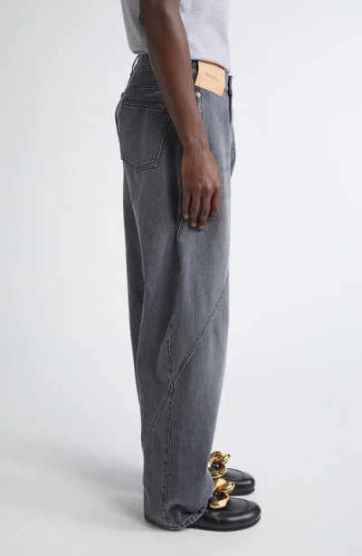 Jw Anderson J. W. Anderson Relaxed Fit Grey Jeans With Diagonal Stitching And Embroidered Logo In Black