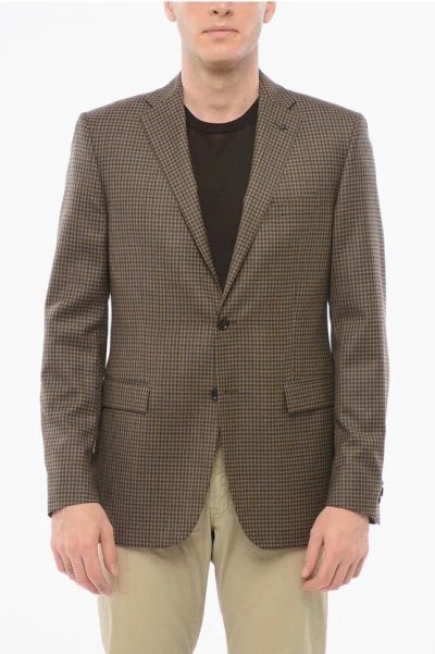 Corneliani Checkered Motif Wool Single Breasted With Flap Pockets In Brown