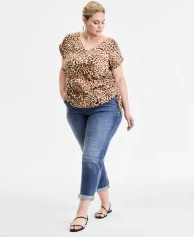 Inc International Concepts Plus Size Printed Side Tie V Neck Top Slim Tech Rolled Cuff Boyfriend Jeans Exclusively At Macys In Animal Print