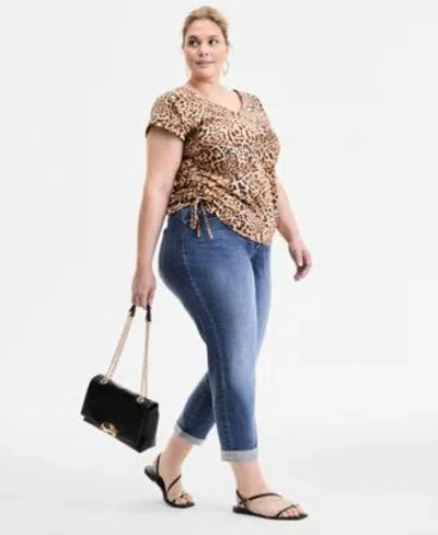 Inc International Concepts Plus Size Printed Side Tie V Neck Top Slim Tech Rolled Cuff Boyfriend Jeans Exclusively At Macys In Animal Print