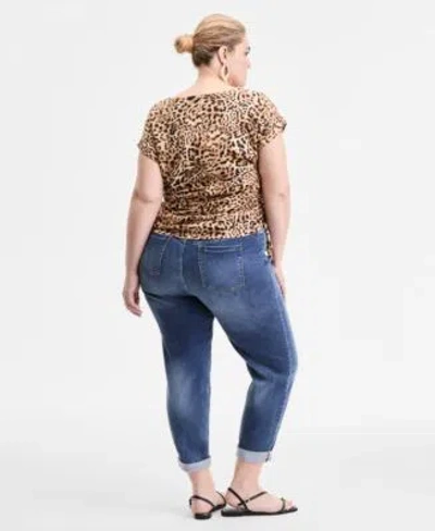 Inc International Concepts Plus Size Printed Side Tie V Neck Top Slim Tech Rolled Cuff Boyfriend Jeans Exclusively At Macys In Animal Print