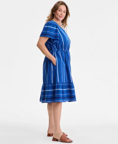 Style & Co Plus Size Jacquard V-neck Flutter-sleeve Dress, Exclusively At Macy's In Blue