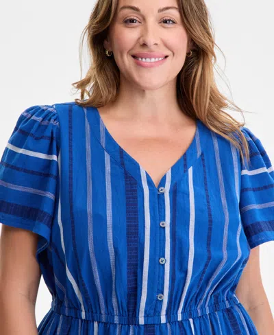 Style & Co Plus Size Jacquard V-neck Flutter-sleeve Dress, Exclusively At Macy's In Blue