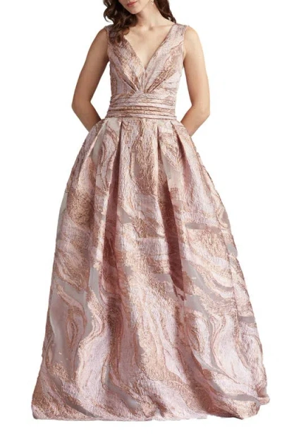 Tadashi Shoji Metallic Textured Abstract Print Gown In Metallic