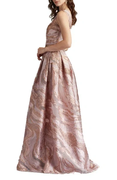 Tadashi Shoji Metallic Textured Abstract Print Gown In Metallic