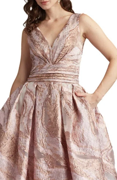 Tadashi Shoji Metallic Textured Abstract Print Gown In Metallic