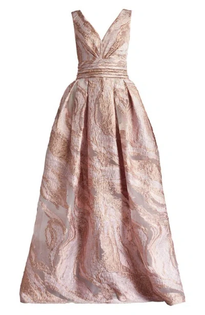 Tadashi Shoji Metallic Textured Abstract Print Gown In Metallic