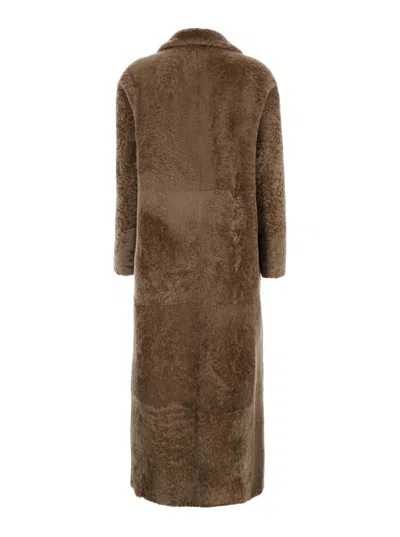 Blancha Brown Double-breasted Shearling Coat With Peak Revers
