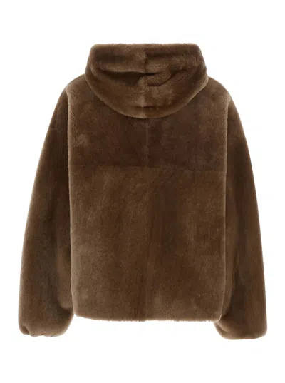 Blancha Brown Reversible Shearling Jacket With Drawstring Hood And Front Zip Closure In Brown