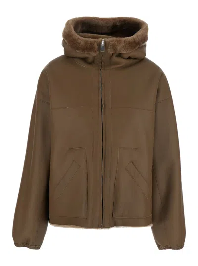 Blancha Brown Reversible Shearling Jacket With Drawstring Hood And Front Zip Closure In Brown