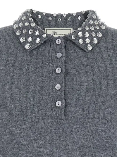 Blumarine Grey Polo Shirt  With Collar Beaded In Wool Woman In Gray