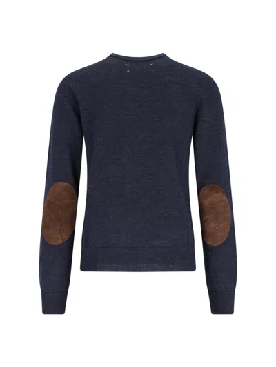 Maison Margiela Crewneck Sweater With Ribbed Cuffs And Elbow Patches In Blue
