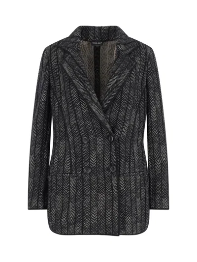 Giorgio Armani Tailored Jacket With Patterned Notched Lapels In Black