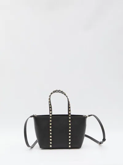 Valentino Garavani Rockstud Mini Tote In Hammered Leather In Black