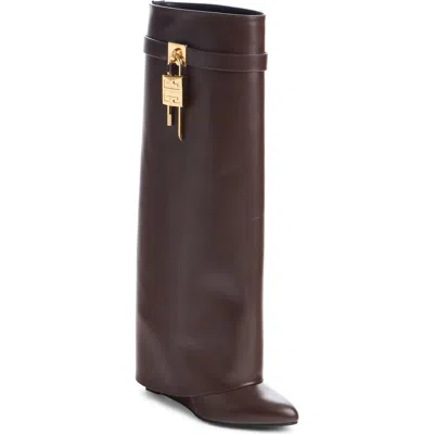 Givenchy Shark Lock Embellished Glossed-leather Knee Boots In Brown